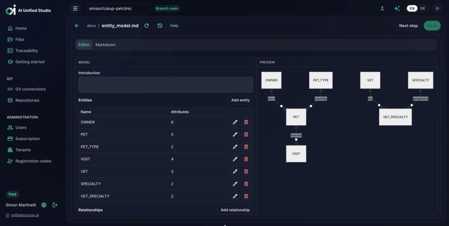 Studio entity model editor with generated ER diagram (dark mode)