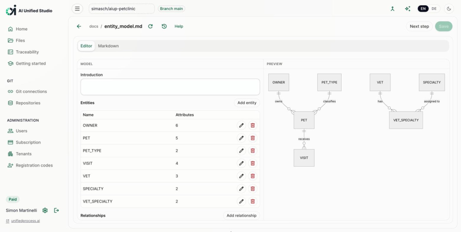 Studio entity model editor with generated ER diagram (light mode)