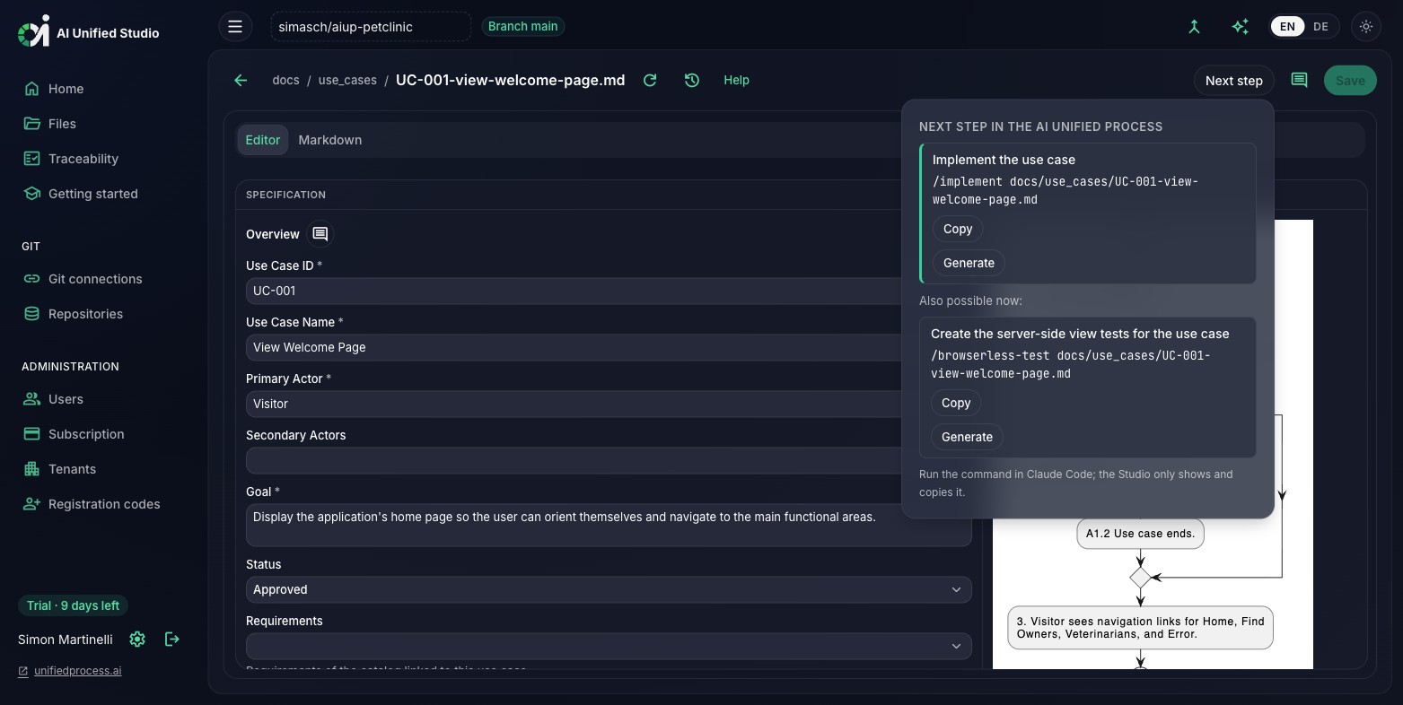 Studio next-step panel offering to copy the command or generate (dark mode)