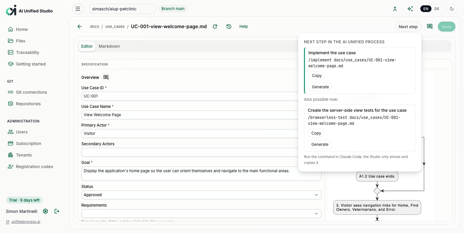 Studio next-step panel offering to copy the command or generate (light mode)