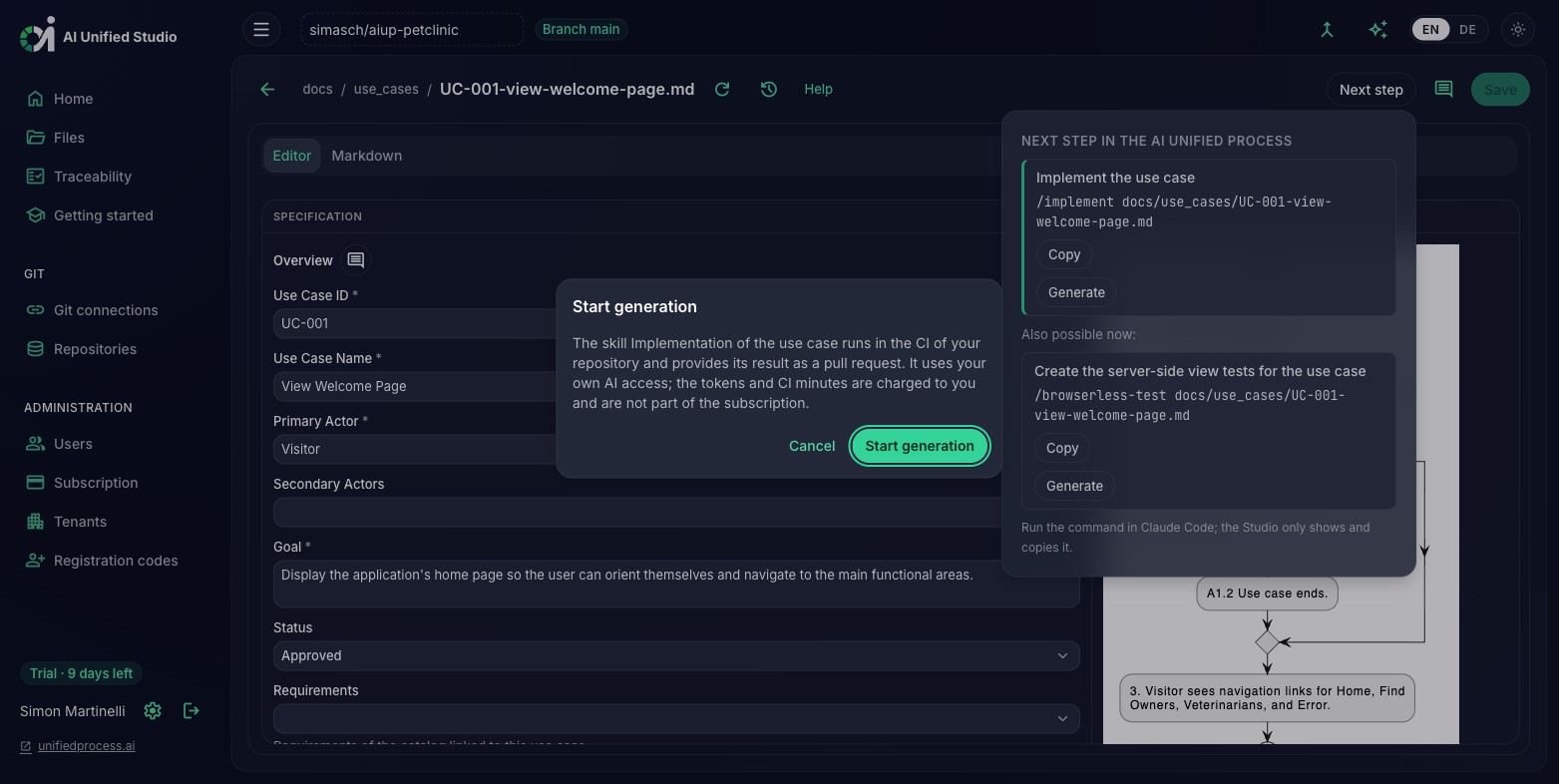 Studio start generation dialog explaining the CI run and the pull request result (dark mode)