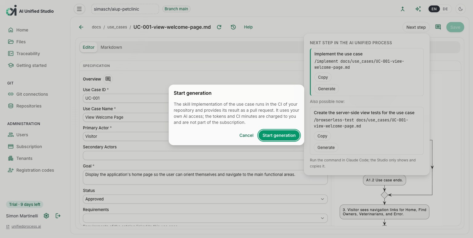 Studio start generation dialog explaining the CI run and the pull request result (light mode)