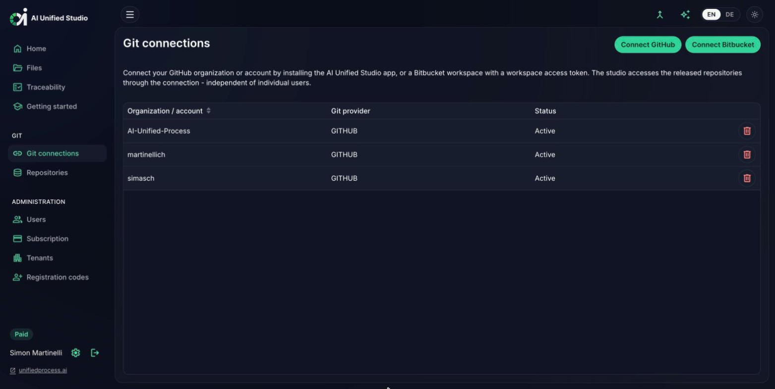 Studio Git connections view with a connected GitHub account (dark mode)