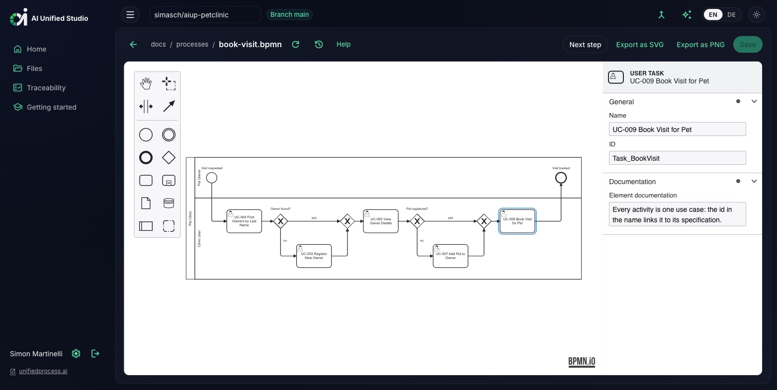 Studio BPMN business process editor with palette, process diagram, and properties panel (dark mode)
