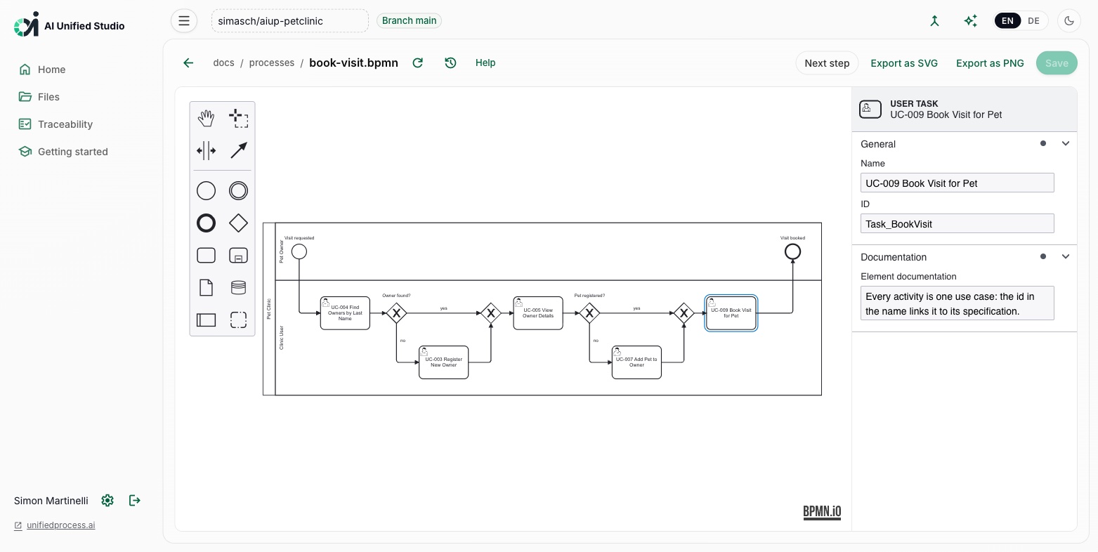 Studio BPMN business process editor with palette, process diagram, and properties panel (light mode)