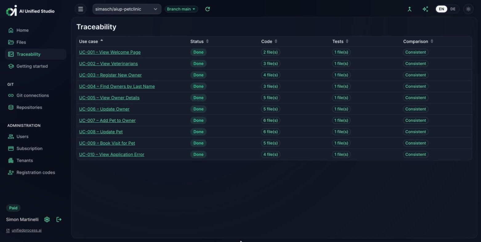 Studio traceability view linking use cases to code and tests (dark mode)