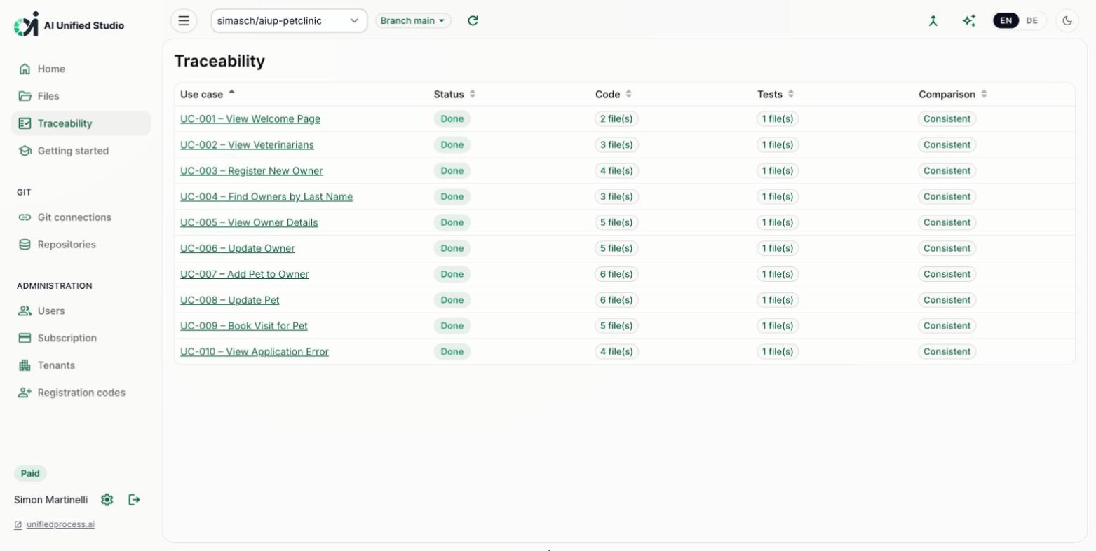 Studio traceability view linking use cases to code and tests (light mode)