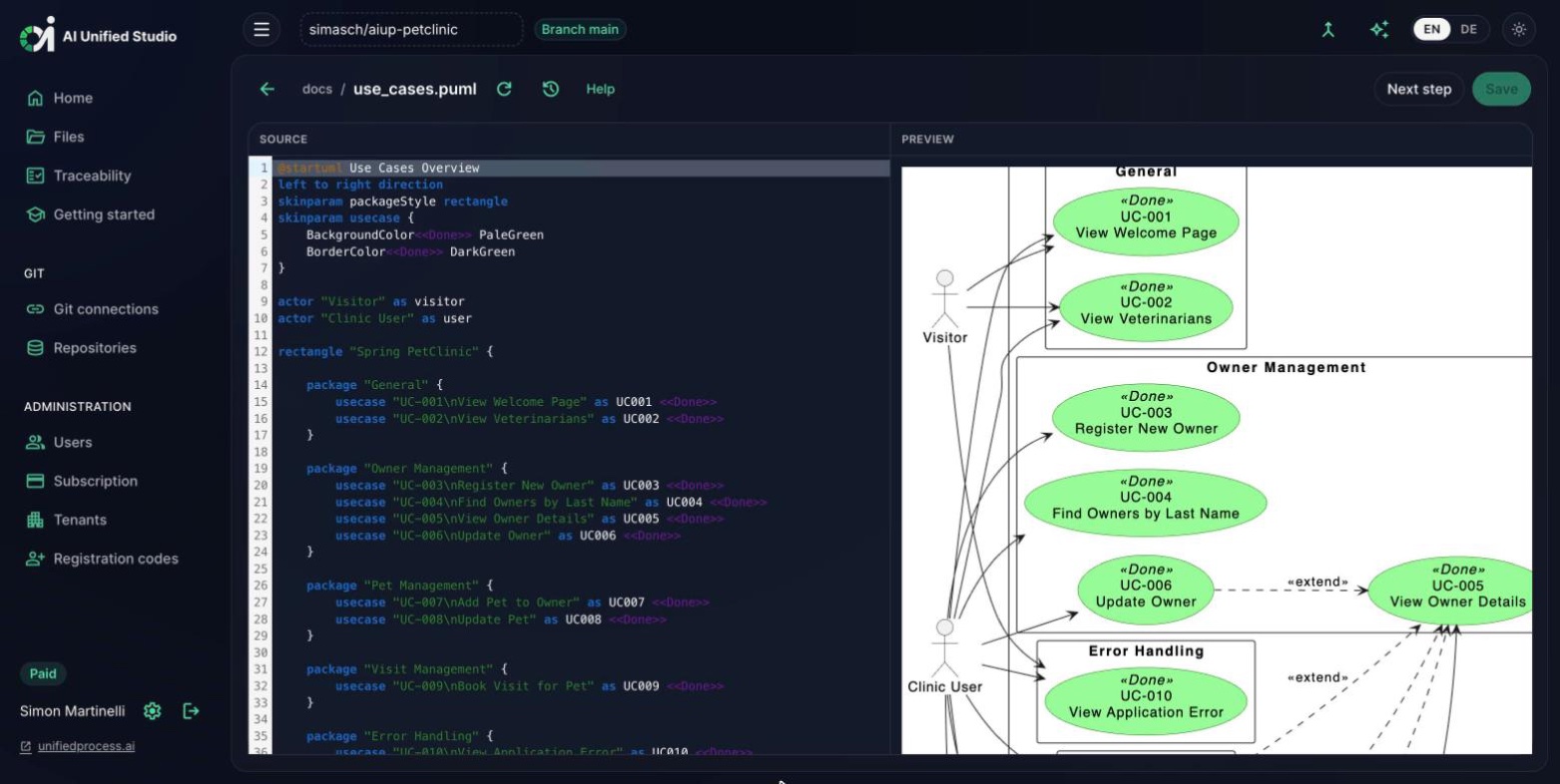 Studio PlantUML editor for the use case diagram with live preview (dark mode)