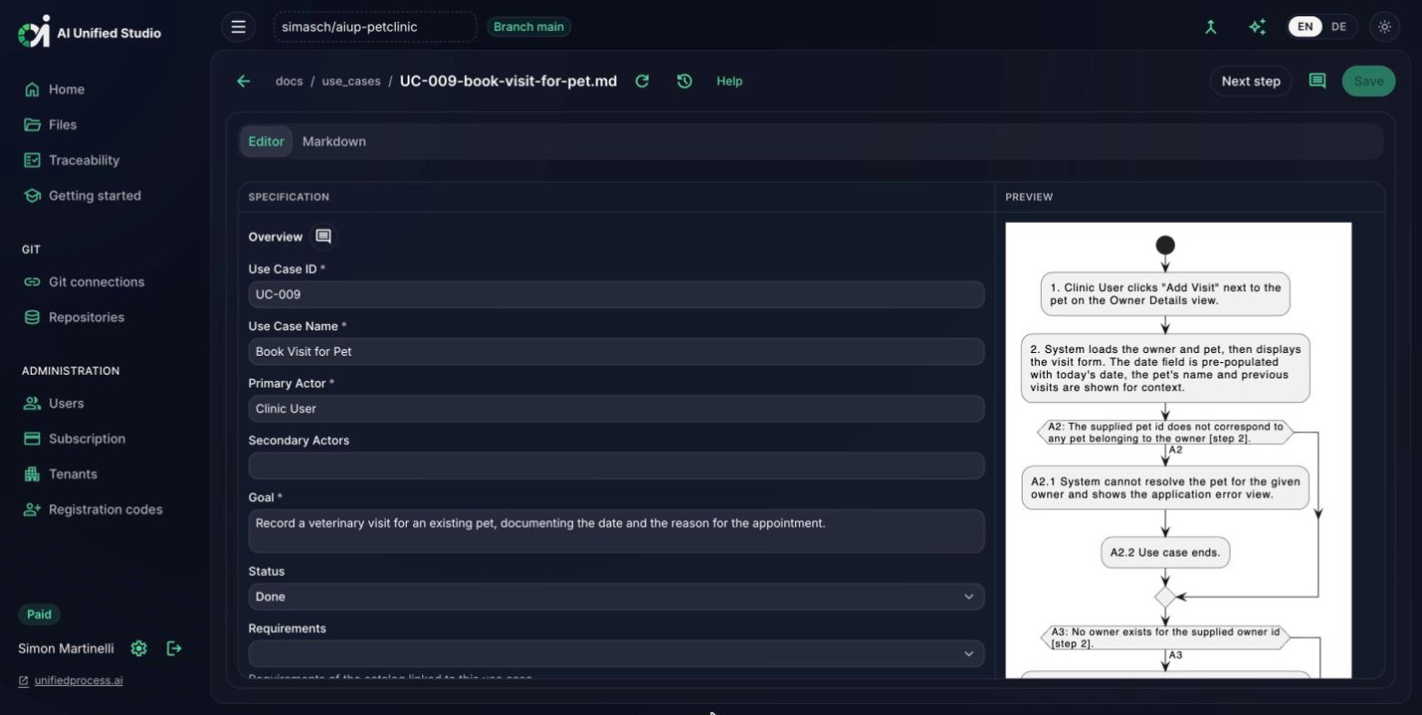 Studio use case specification editor with generated activity diagram (dark mode)