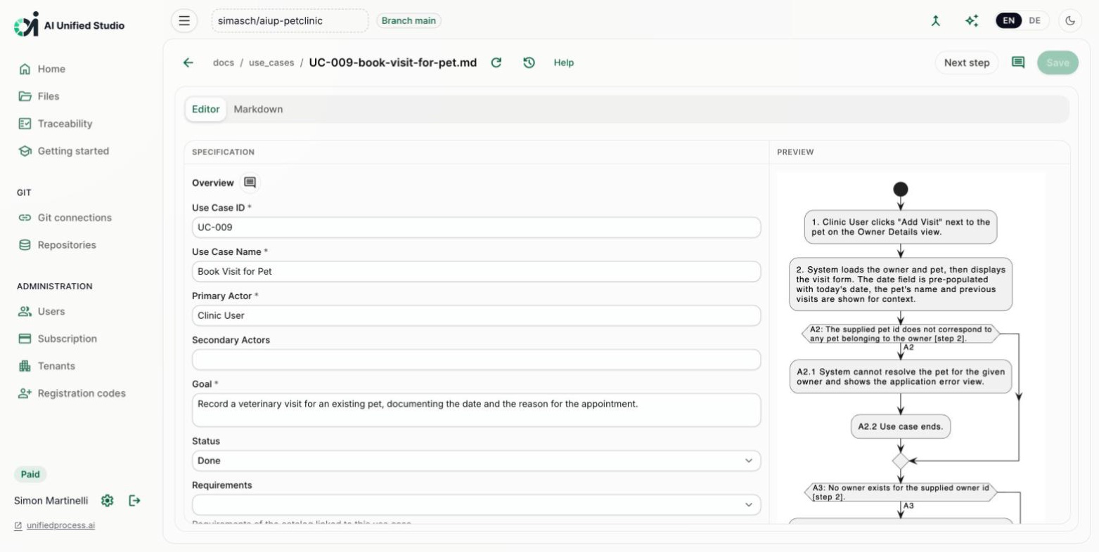 Studio use case specification editor with generated activity diagram (light mode)