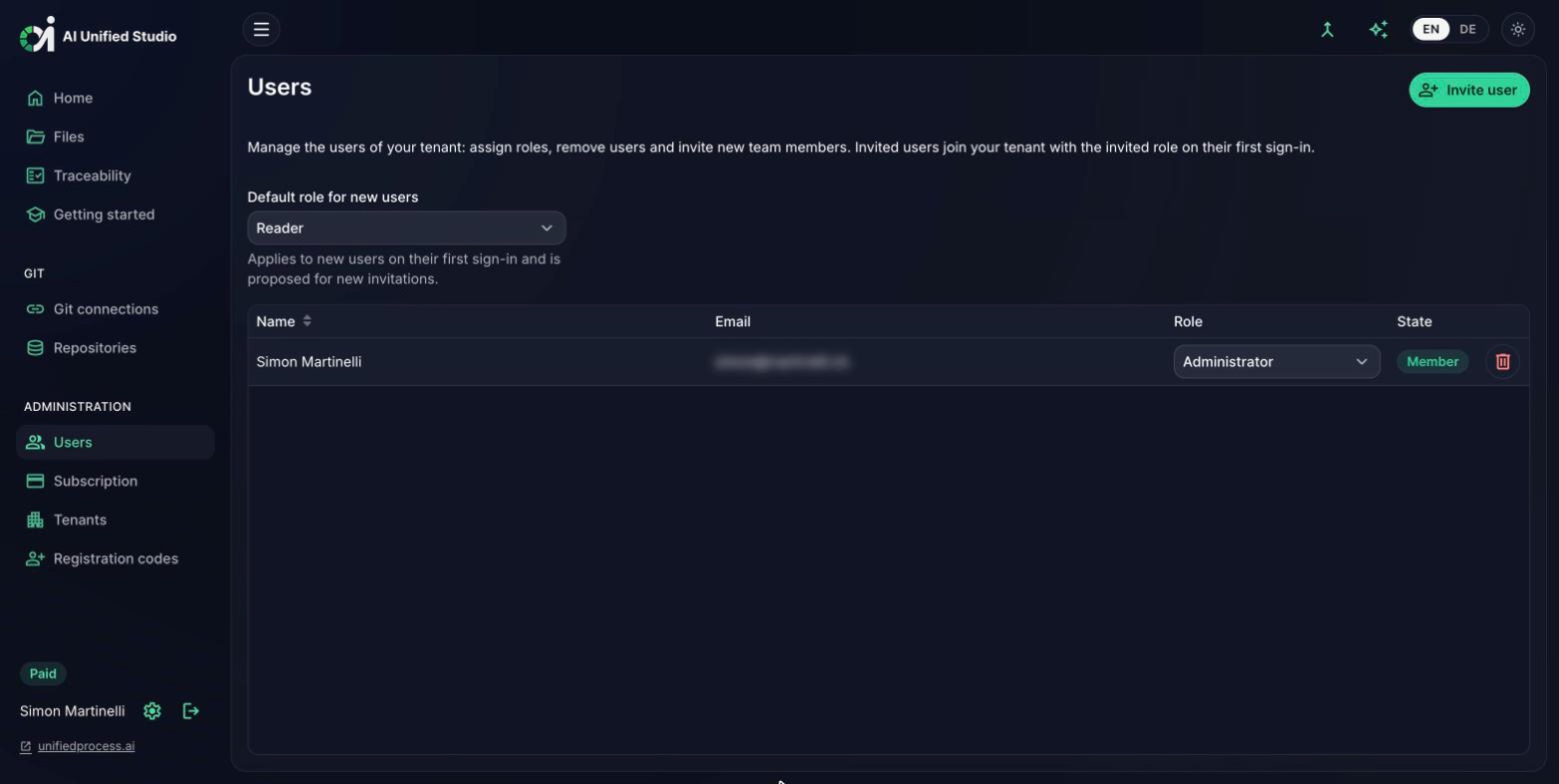 Studio users view with role management and invitations (dark mode)