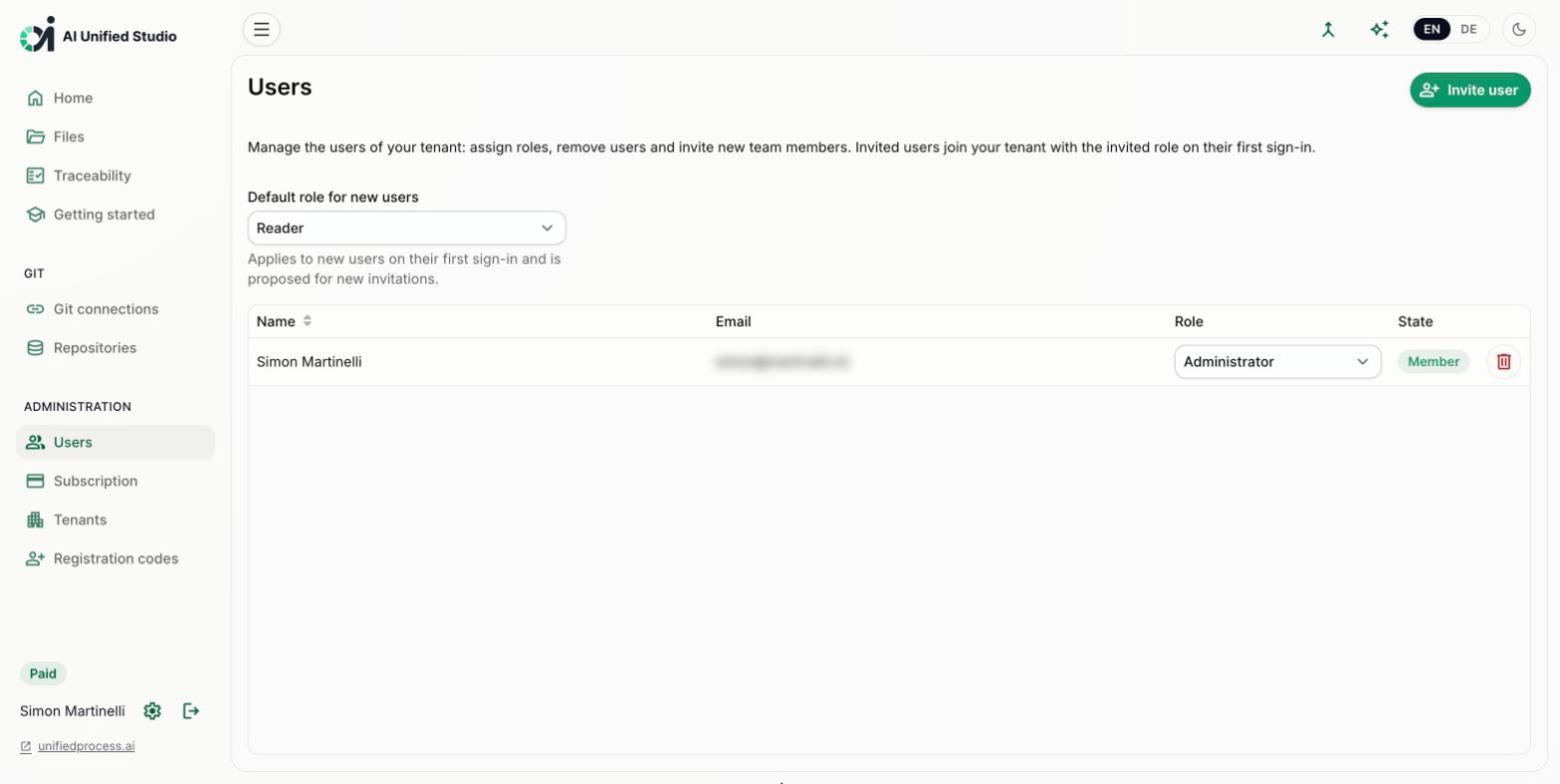 Studio users view with role management and invitations (light mode)